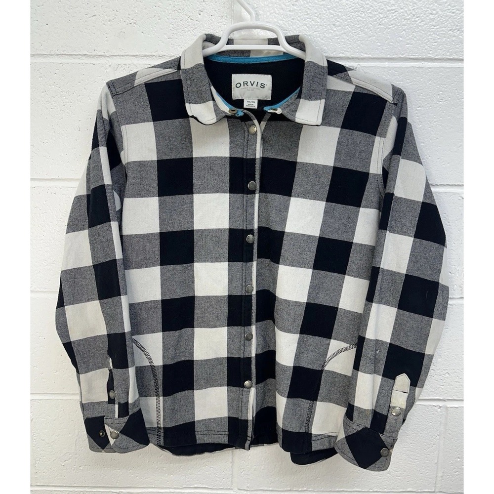 Orvis‎ Fleece Lined Flannel Shirt Jacket Black White Plaid / Womens XXL